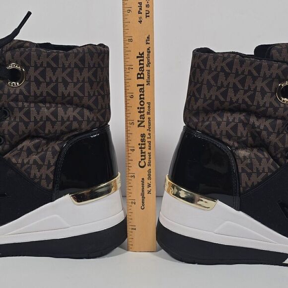 Michael Kors Liv Wedge Booties Womens 5 Black Brown‎ Monogram Soft Knit - Picture 10 of 12